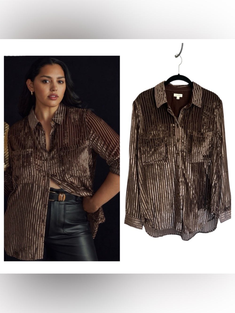 Anthropologie Pilcro sheer velvet burnout striped blouse chocolate brown sz S